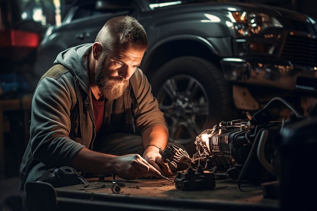 Un jeune mécanicien répare une voiture.