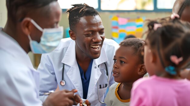 Un jeune médecin africain parle à un groupe d'enfants dans une pièce bien éclairée.