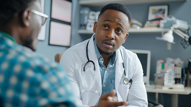 Un jeune médecin afro-américain en blouse blanche est assis à son bureau et parle à un patient
