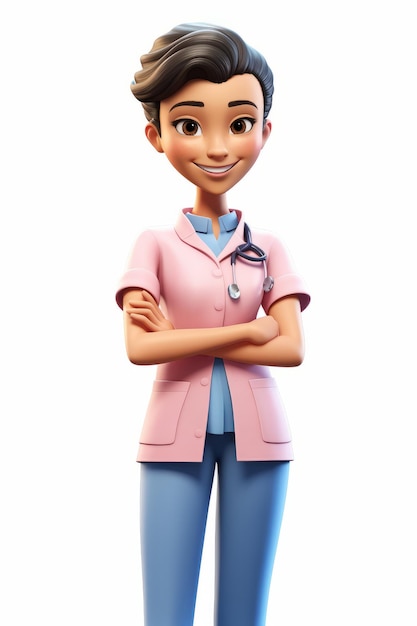 Une jeune médecin en chemise de laboratoire rose sourit avec les bras croisés.