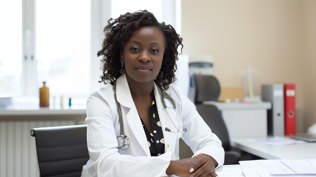 Une jeune médecin est assise à son bureau dans son bureau. Elle regarde la caméra avec un sourire confiant.