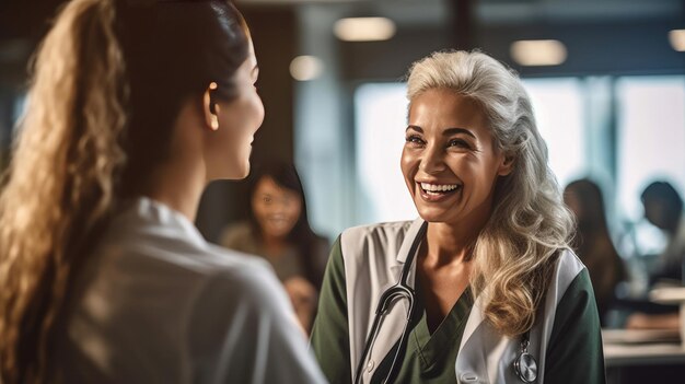 Une jeune médecin généraliste souriante apprécie une conversation sincère partageant de bonnes nouvelles de santé avec une femme âgée et grise à l'intérieurGenerative Ai