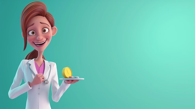 Une jeune médecin heureuse illustration de dessin animé en 3D