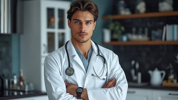 Jeune médecin en robe médicale avec stéthoscope sur fond clair AI générer une illustration
