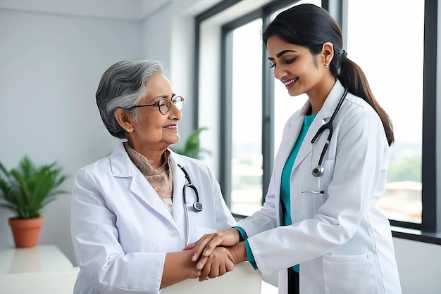 Photo un jeune médecin-thérapeute indien heureux en manteau blanc a un rendez-vous de consultation soutenant la mise de la main sur l'épaule d'une femme âgée dans un hôpital de clinique moderne concept de soins de santé médical