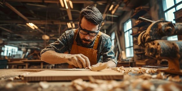 Un jeune menuisier lisse un bloc de bois dans un atelier d'une usine de fabrication de meubles