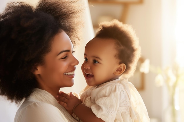 Photo une jeune mère afro-américaine affectueuse étreignant son bébé mignon souriante jouant avec son petit enfant tod