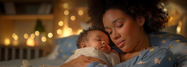 Une jeune mère afro-américaine allaite son enfant dans sa chambre.