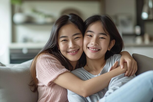 Une jeune mère japonaise joyeuse et heureuse avec sa fille adolescente assise sur le canapé à la maison Une femme joyeuse, une mère avec son enfant, une fille se serrant dans les bras à l'intérieur Le jour de la mère, la relation familiale, le concept d'amour et de soins