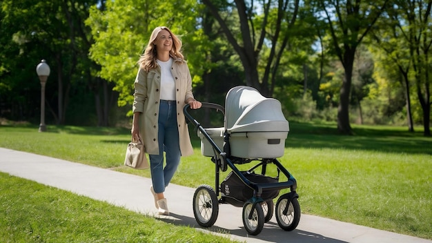 Une jeune mère marche avec une poussette dans le parc.