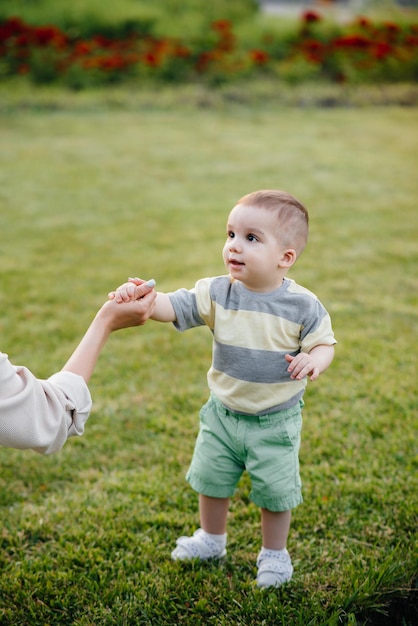 Une jeune mère mignonne aide et apprend à son petit fils à faire ses premiers pas pendant le coucher du soleil dans le parc sur l'herbe.