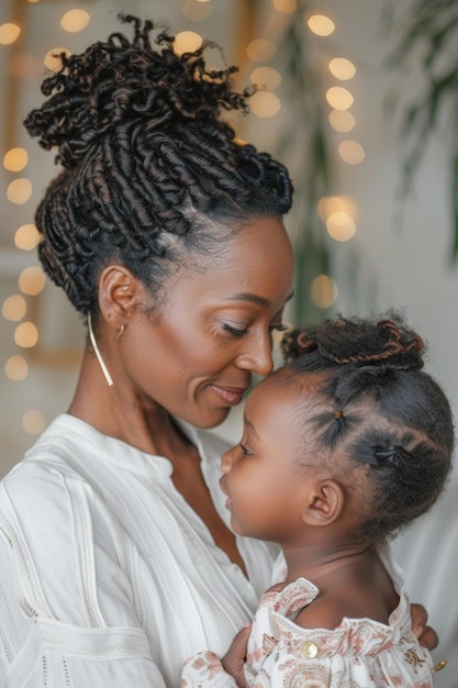 Photo une jeune mère noire tenant sa fille embrassant leur front en se touchant partageant un moment tendre dans une maison confortable concept d'amour maternel