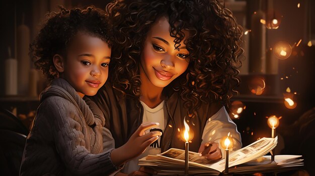 Une jeune mère et sa fille afro-américaines lisent des contes de Noël à la lumière des bougies.