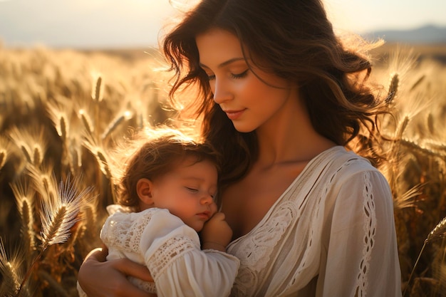 Une jeune mère tenant son bébé dans un champ de blé