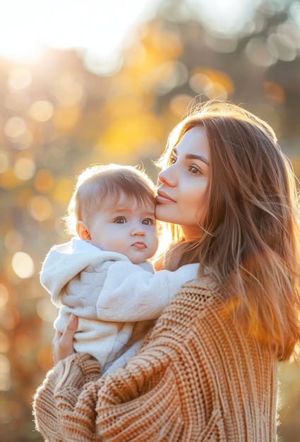 Une jeune mère tient son bébé dans une chaude lumière d'automne au coucher du soleil