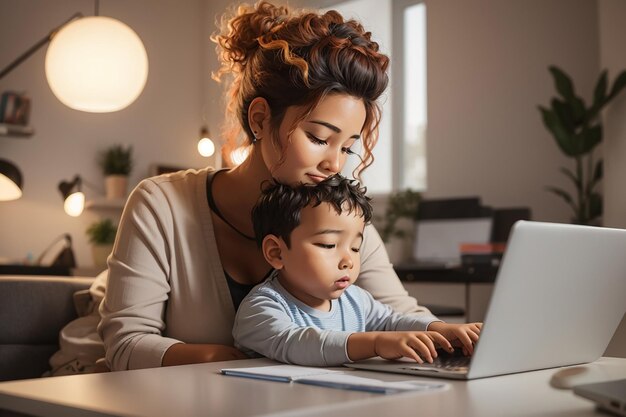 Photo jeune mère travaillant à domicile sur un ordinateur portable avec son petit fils