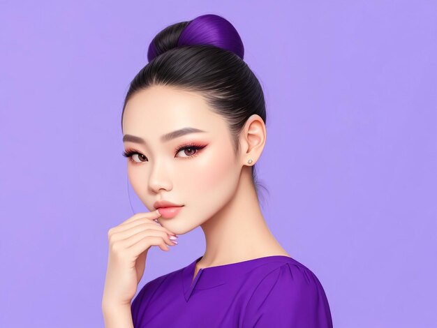 jeune modèle de femme de beauté asiatique a mis des cheveux en chignon avec un maquillage naturel sur le visage et un nettoyage parfait