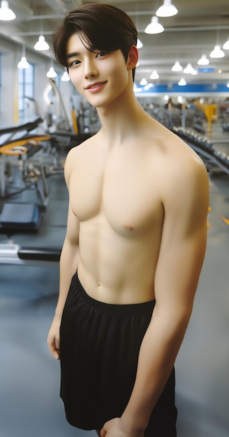 Photo jeune modèle masculin asiatique sourire brillant bonne figure arrière-plan d'exercice au gymnase générer de l'ia