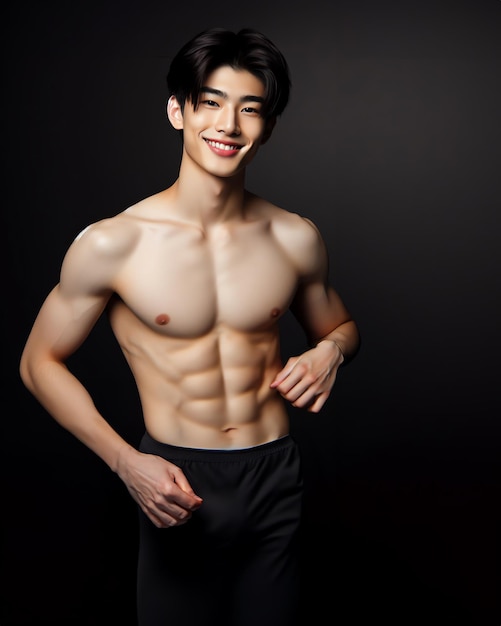 Photo jeune modèle masculin asiatique sourire brillant bonne figure arrière-plan d'exercice au gymnase générer de l'ia