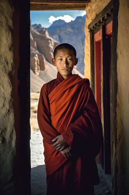 Photo un jeune moine se tient devant la porte d'un village reculé du désert.