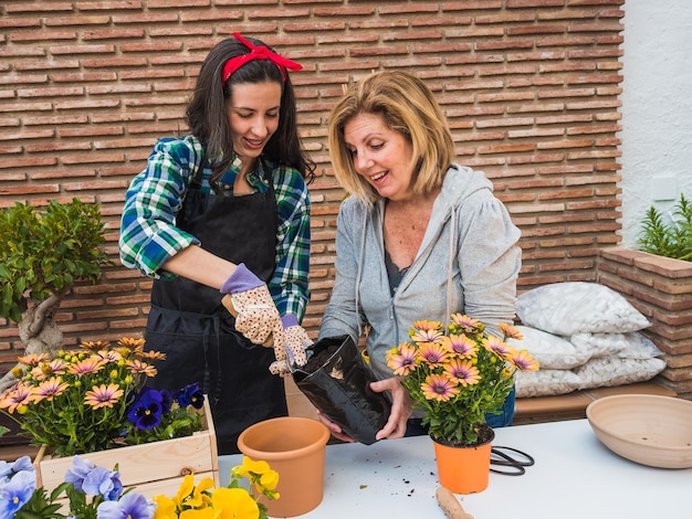 Jeune et mûre femme jardinant à la maison en sortant une plante d'un pot