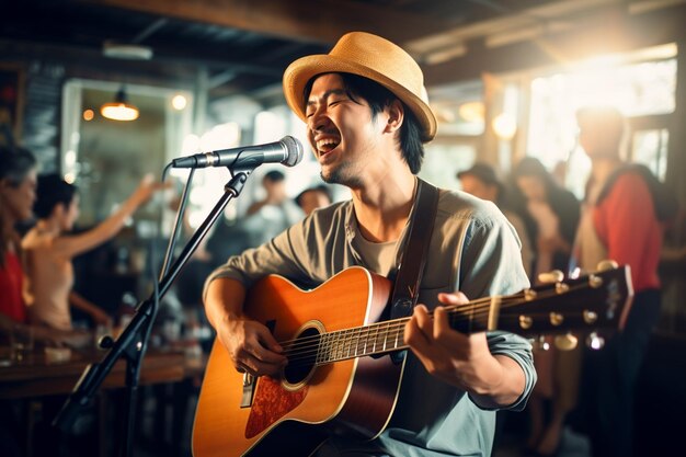 Jeune musicien indépendant chantant et jouant de la guitare au gastropub