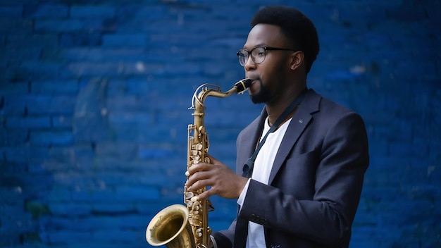 Jeune musicien de jazz afro-américain jouant du saxophone sur le bleu