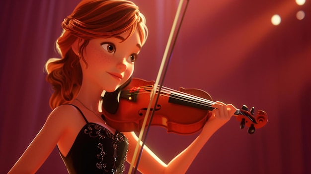 Un jeune musicien avec un regard inspiré de Pixar tenant avec confiance un violon captive le public sur une scène bien éclairée