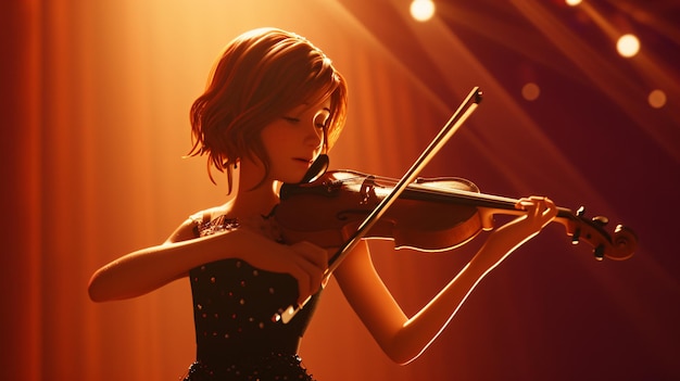 Un jeune musicien talentueux aux cheveux bruns et aux yeux bruns captive le public tout en tenant gracieusement un violon sur une grande scène dans le style emblématique de Pixar.