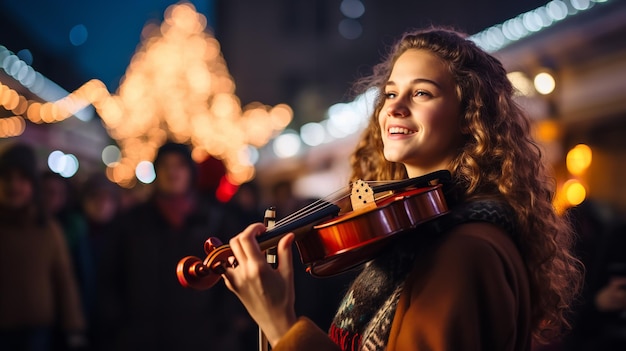 Jeune musicienne jouant du violon et chantant en plein air dans la rue la veille de Noël IA générative