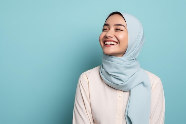 Une jeune musulmane asiatique souriante portant un hijab bleu et une chemise blanche isolée sur un fond bleu
