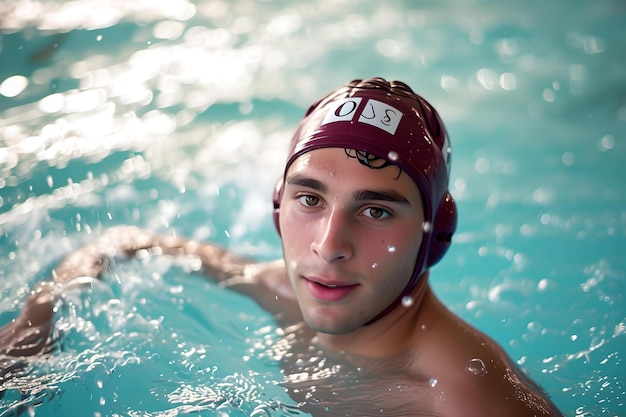 Jeune nageur masculin dans une piscine prêt à concourir athlète concentré portant une casquette de natation style de vie sportif professionnel IA