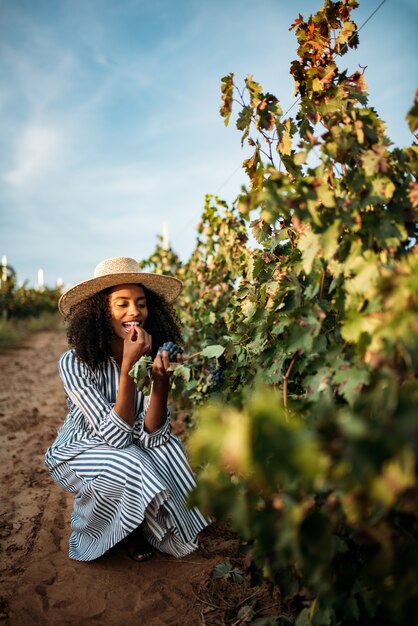 Jeune, noir, femme, manger, raisin, vignoble