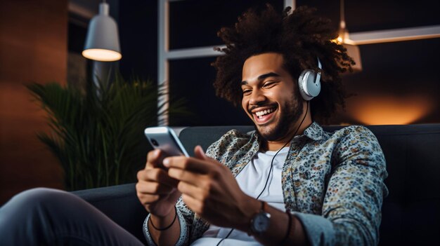 Un jeune nomade numérique assis sur une chaise, vêtu d'une chemise avec des écouteurs, regardant son téléphone portable