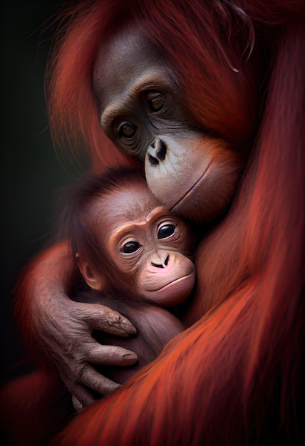 Jeune orang-outan accroché au ventre de sa mère ai générative