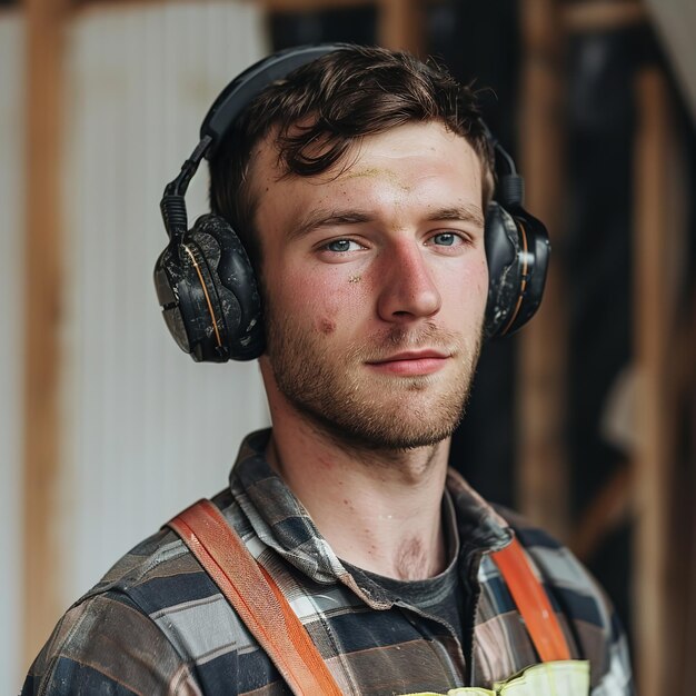 Photo jeune ouvrier avec des écouteurs de sécurité ai génératif
