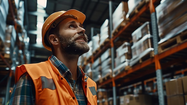 Un jeune ouvrier d'entrepôt portant un casque et un gilet de sécurité regarde les étagères de l'entrepôts, vérifie l'inventaire et s'assure