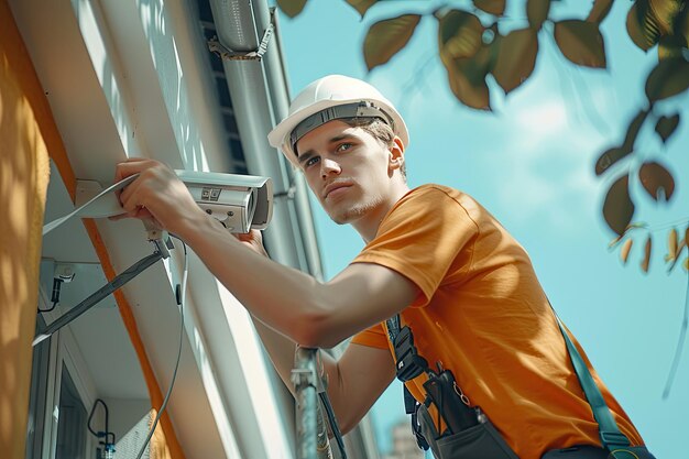 Un jeune ouvrier installe une caméra vidéo sur le mur d'une maison