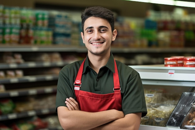Un jeune ouvrier de supermarché souriant en train de regarder la caméra