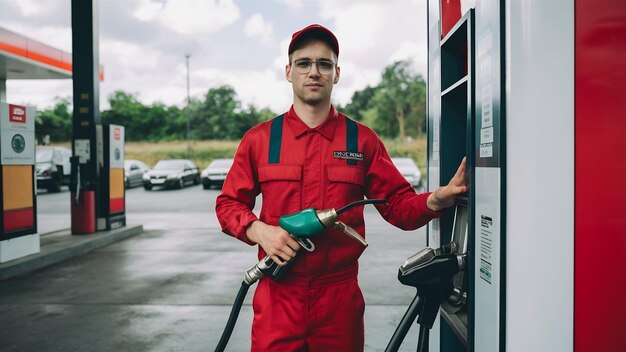 Photo un jeune ouvrier en uniforme rouge tenant la buse de la pompe à carburant à la station-service