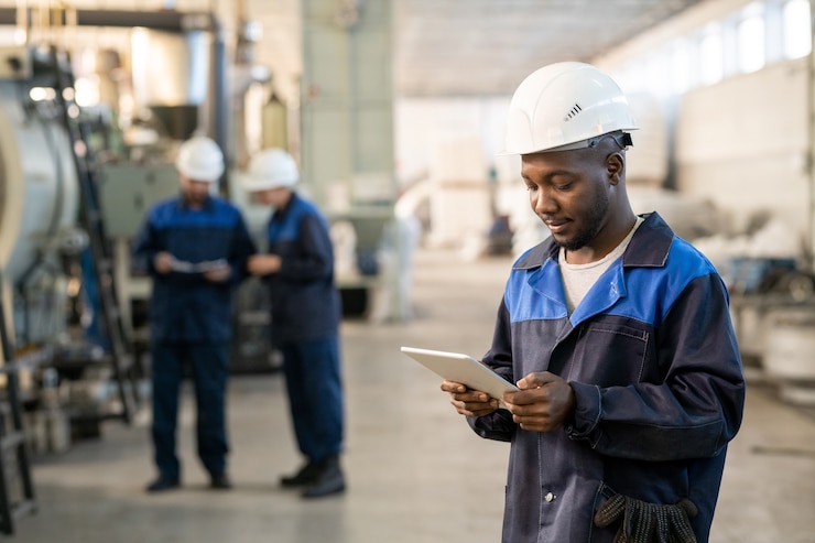 Photo jeune ouvrier d'usine africain en salopette et casque à l'aide d'une tablette numérique tout en se tenant devant la caméra contre deux collègues occupés