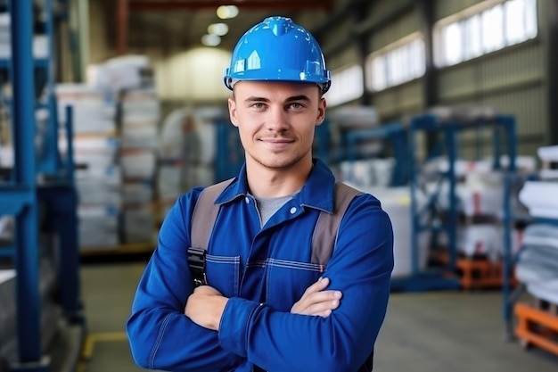 Un jeune ouvrier d'usine musclé portant un chapeau bleu sourit à la caméra debout