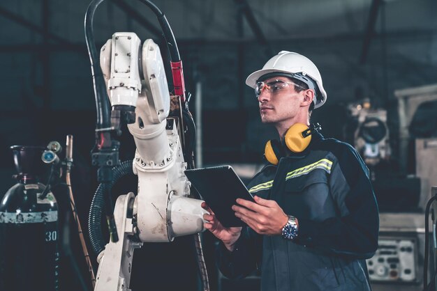 Jeune ouvrier d'usine travaillant avec un bras robotique adepte