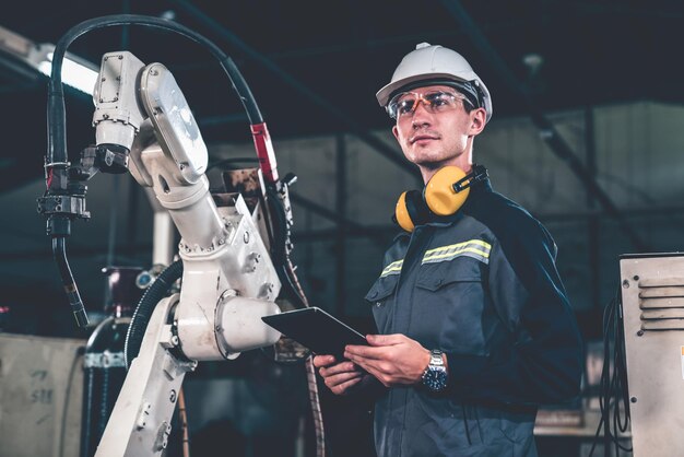 Jeune ouvrier d'usine travaillant avec un bras robotique adepte