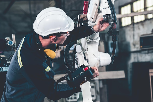 Jeune ouvrier d'usine travaillant avec un bras robotique adepte