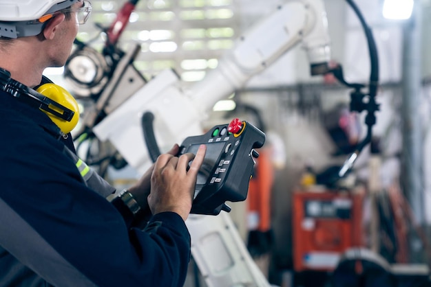 Jeune ouvrier d'usine travaillant avec un bras robotique adepte