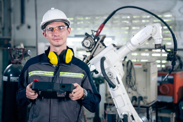 Jeune ouvrier d'usine travaillant avec un bras robotique adepte