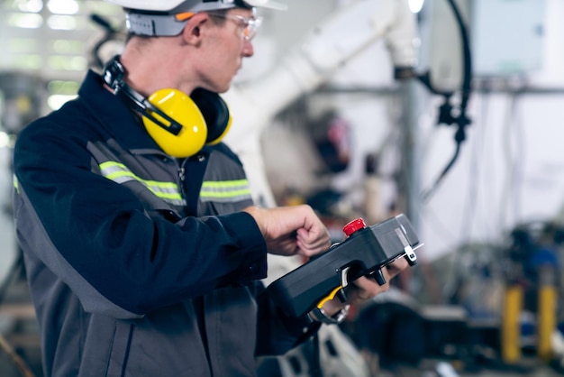 Jeune ouvrier d'usine travaillant avec un bras robotique adepte