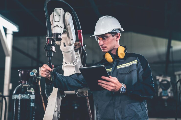 Photo un jeune ouvrier d'usine travaillant avec un bras robotique habile