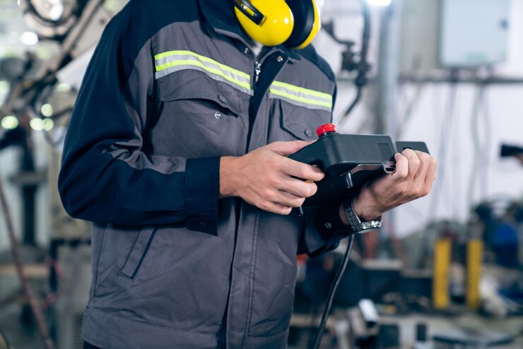 Photo un jeune ouvrier d'usine travaillant avec un bras robotique habile